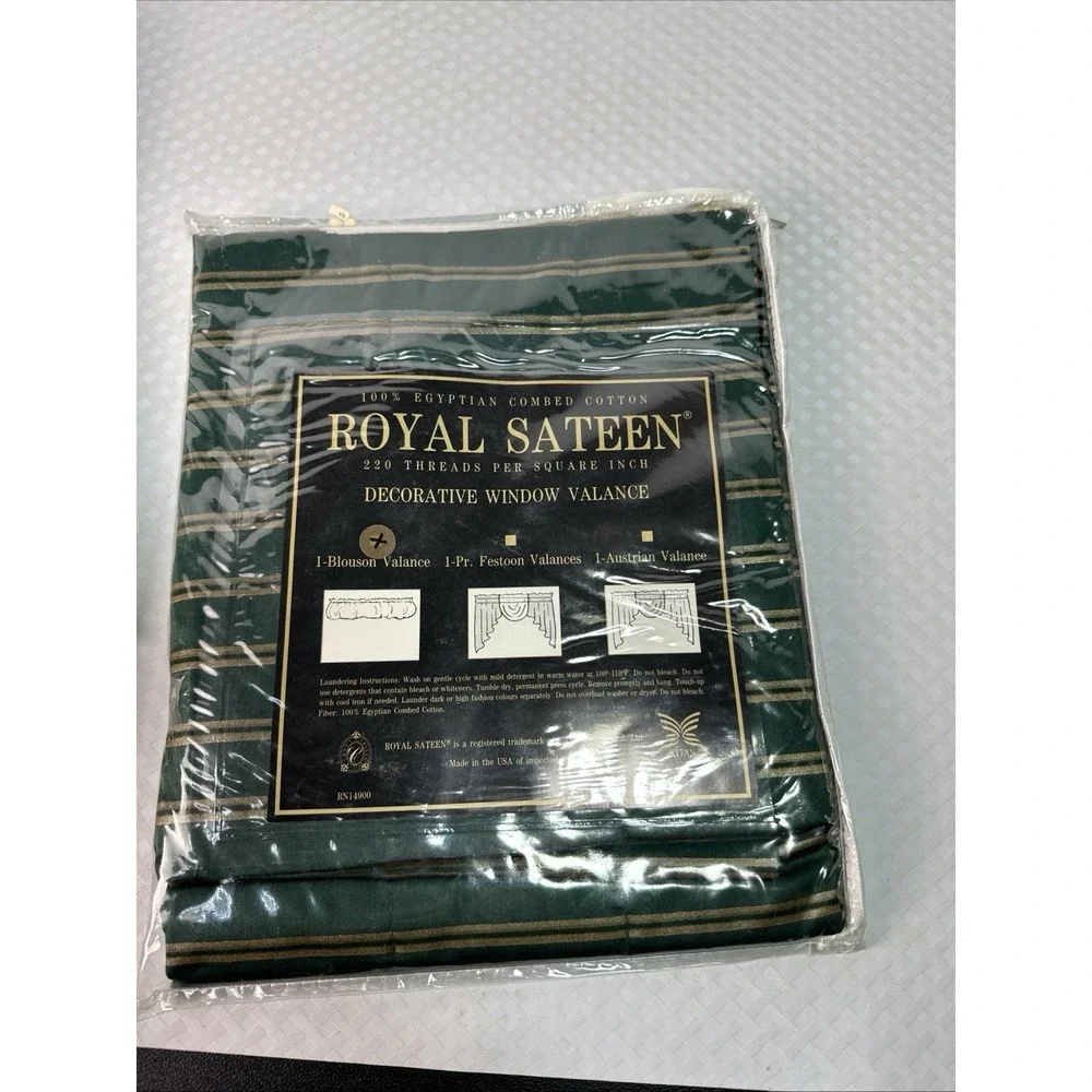 Vintage Royal Sateen Egyptian Cotton Window Valance Green Striped‎ NOS Package